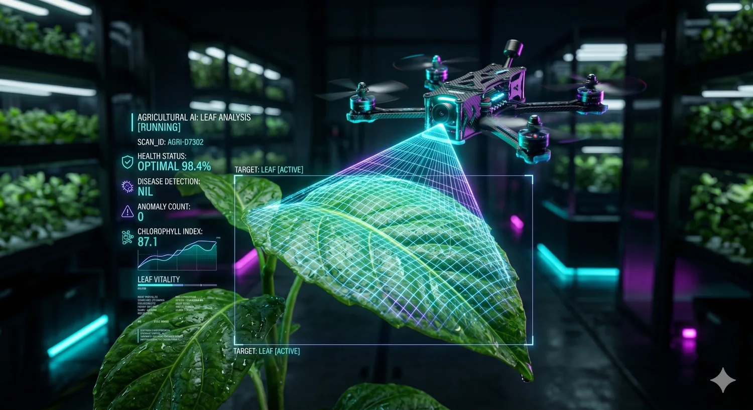 AgriSWARM drone analyzing crop leaf health